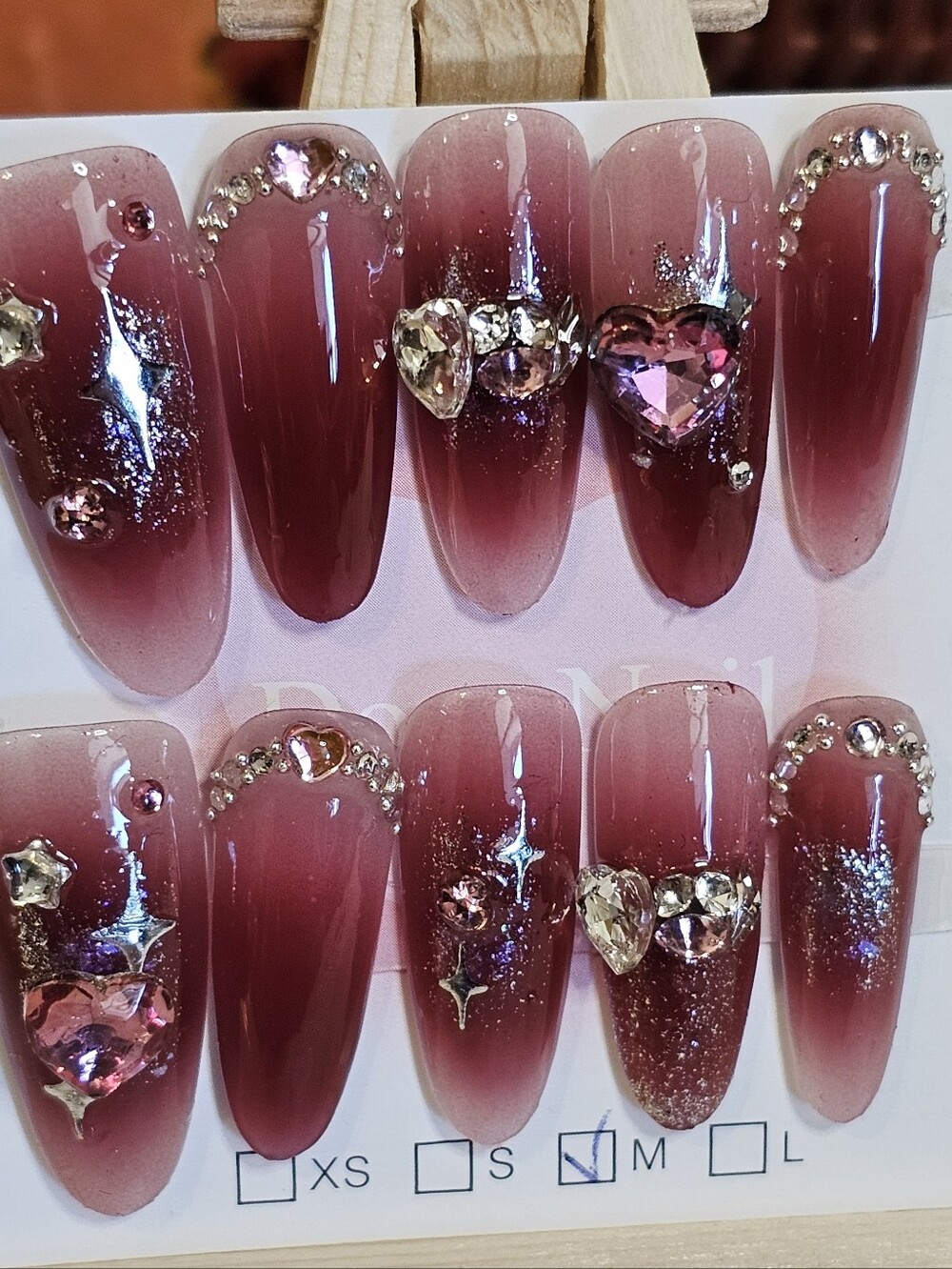 Pink Ombre Crystal Press-On Nails - Elegant Heart Accent